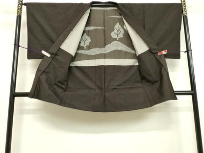 平和屋着物●男性 紬 アンサンブル 鉄黒色 正絹 逸品 DAAV1247tw