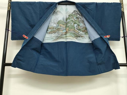 平和屋着物●男性 紬 アンサンブル 青藍色 正絹 逸品 未使用 DAAV1254tw