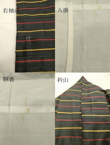 平和屋着物●上質な紬 横段文 黒地 正絹 逸品 DAAV1292tw