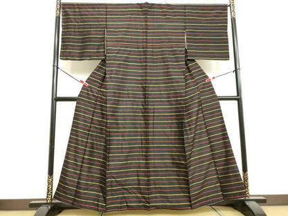 平和屋着物●上質な紬 横段文 黒地 正絹 逸品 DAAV1292tw