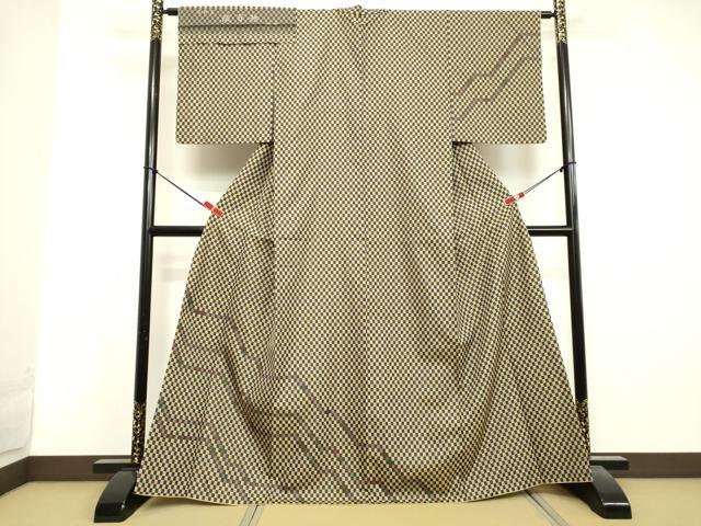 平和屋着物●訪問着 お召地 名物裂 織百趣 変わり市松文様 反端付き 正絹 逸品 DAAV1293tw