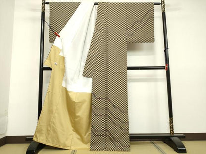 平和屋着物●訪問着 お召地 名物裂 織百趣 変わり市松文様 反端付き 正絹 逸品 DAAV1293tw