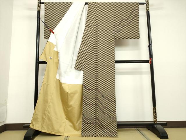 平和屋着物●訪問着 お召地 名物裂 織百趣 変わり市松文様 反端付き 正絹 逸品 DAAV1293tw