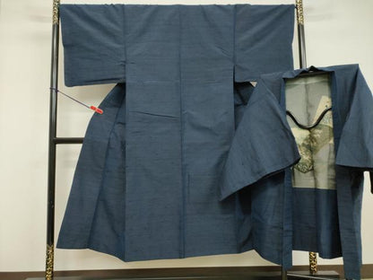 平和屋着物●男性 紬 アンサンブル 青藍色 正絹 逸品 DAAV1311tw