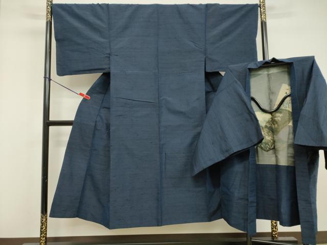 平和屋着物●男性 紬 アンサンブル 青藍色 正絹 逸品 DAAV1311tw