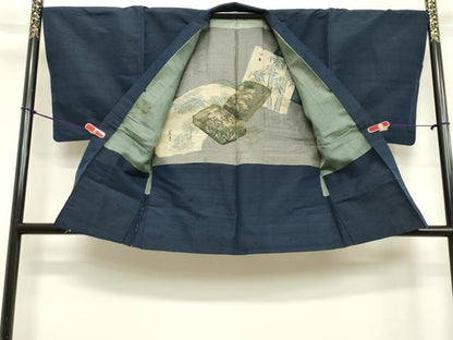 平和屋着物●男性 紬 アンサンブル 青藍色 正絹 逸品 DAAV1311tw