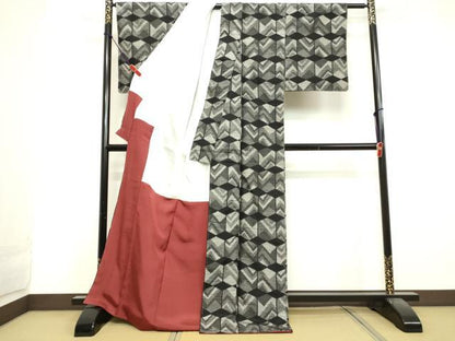 平和屋着物●上質な紬 幾何学文様 ロング丈 正絹 逸品 未使用 DAAV1322tw