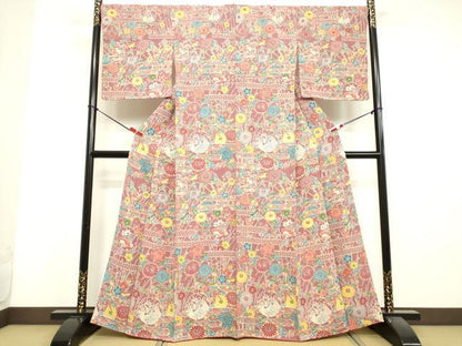平和屋着物●上質な小紋　型染め　雪輪花鳥文　鬼しぼ縮緬　正絹　逸品　未使用　DAAV1333tw