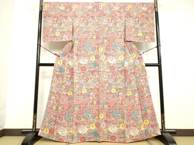 平和屋着物●上質な小紋　型染め　雪輪花鳥文　鬼しぼ縮緬　正絹　逸品　未使用　DAAV1333tw