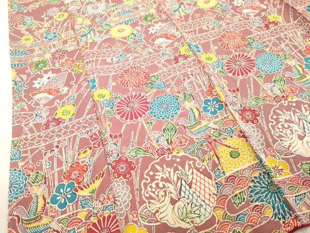 平和屋着物●上質な小紋　型染め　雪輪花鳥文　鬼しぼ縮緬　正絹　逸品　未使用　DAAV1333tw