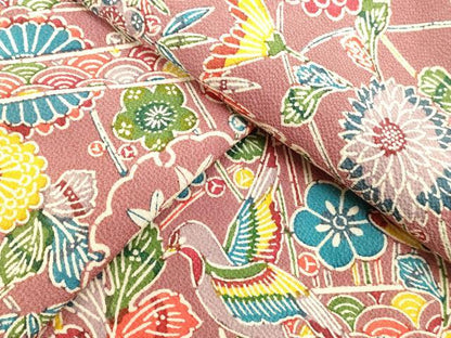 平和屋着物●上質な小紋　型染め　雪輪花鳥文　鬼しぼ縮緬　正絹　逸品　未使用　DAAV1333tw