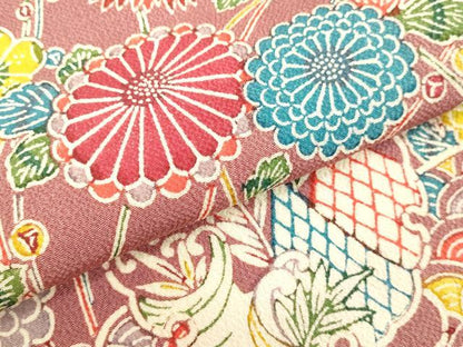 平和屋着物●上質な小紋　型染め　雪輪花鳥文　鬼しぼ縮緬　正絹　逸品　未使用　DAAV1333tw