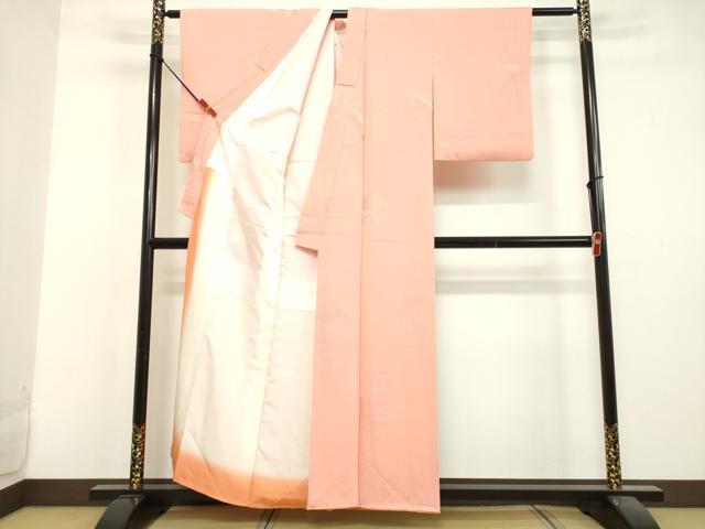 平和屋着物●上質な色無地 扇面草花地紋 珊瑚色 正絹 逸品 DAAV1352tw