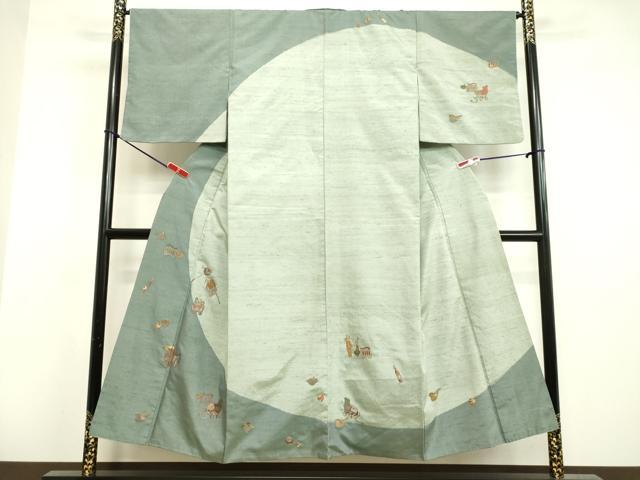 平和屋着物●訪問着　紬地　総刺繍　玩具文様　金糸　正絹　逸品　DAAV1359tw