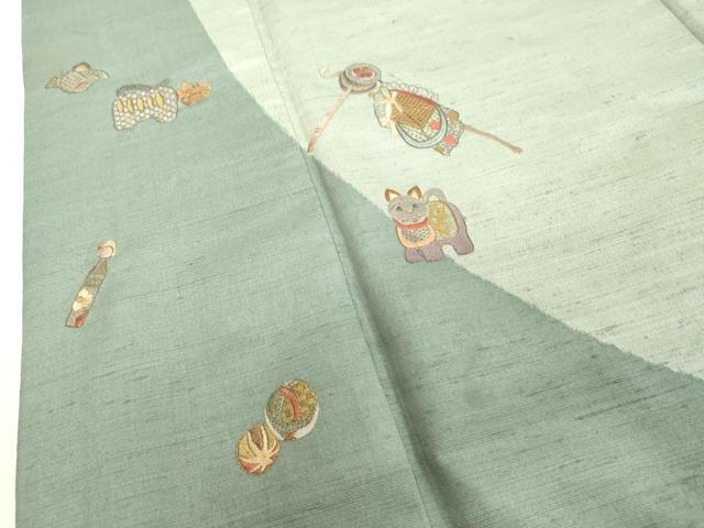 平和屋着物●訪問着　紬地　総刺繍　玩具文様　金糸　正絹　逸品　DAAV1359tw