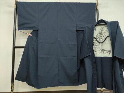 平和屋着物●男性 紬 アンサンブル 留紺色 正絹 逸品 DAAV1389tw