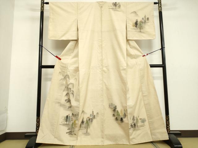 平和屋着物●訪問着 紬地 手描き 樹林風景文 正絹 逸品 未使用 DAAV1403tw