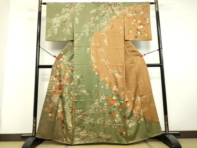 平和屋着物●訪問着 作家物 駒刺繍 流水枝花文 金銀彩 正絹 逸品 DAAV1462tw