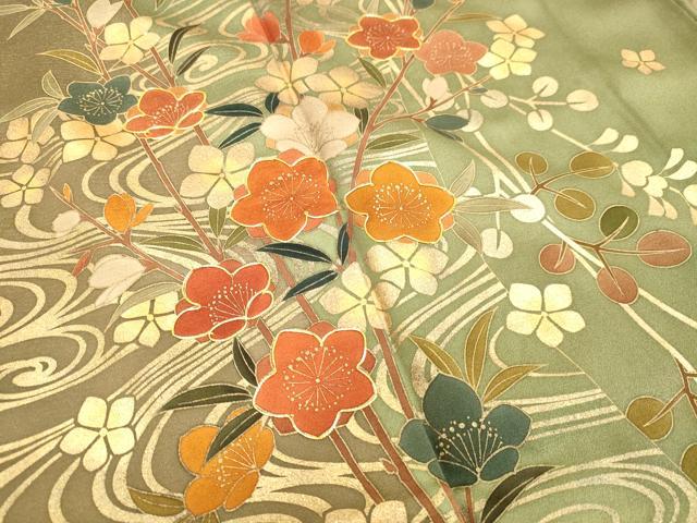 平和屋着物●訪問着 作家物 駒刺繍 流水枝花文 金銀彩 正絹 逸品 DAAV1462tw