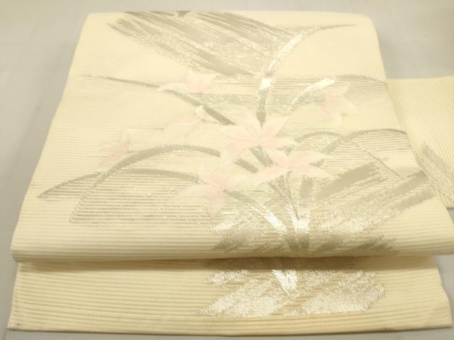 平和屋着物＊夏物 九寸名古屋帯 草花文 銀糸 正絹 逸品 DABB7881op