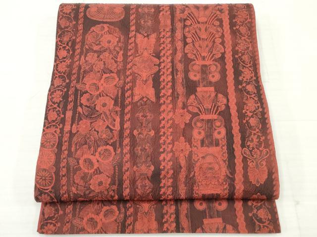 平和屋着物◎全通柄袋帯　ふくれ織　花間道　正絹　逸品　DAAV2312xg