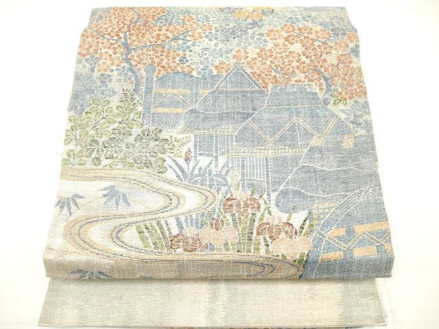 平和屋着物◎太鼓柄袋帯　紬地　風景文　正絹　逸品　DAAV2316xg