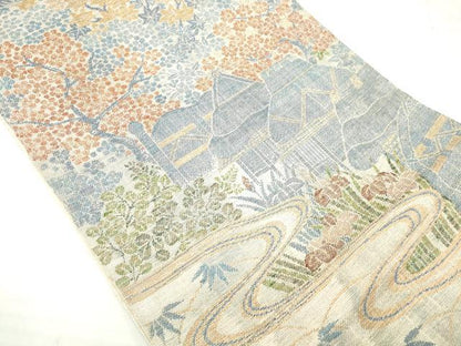 平和屋着物◎太鼓柄袋帯　紬地　風景文　正絹　逸品　DAAV2316xg