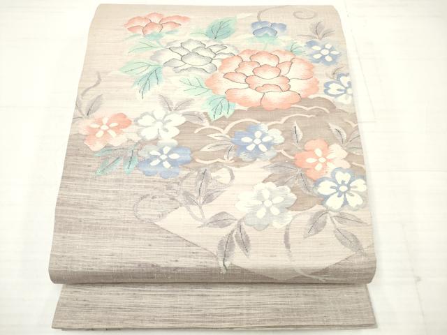 平和屋着物◎太鼓柄袋帯　紬地　花唐草文　正絹　逸品　DAAV2325xg