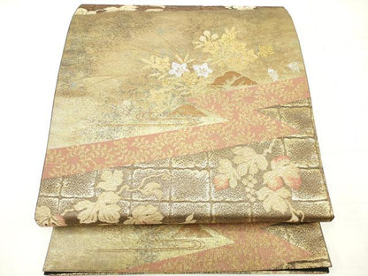 平和屋着物◎六通柄袋帯　葡萄蔦の葉文　黒地　金銀糸　正絹　逸品　DAAV2328xg