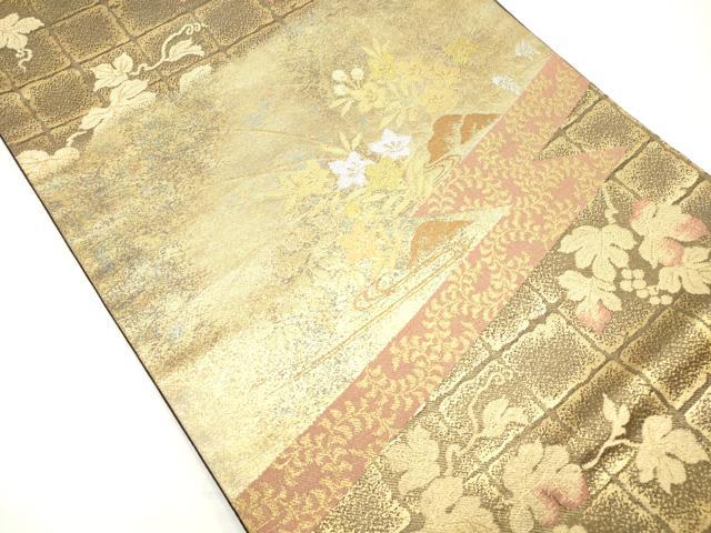 平和屋着物◎六通柄袋帯　葡萄蔦の葉文　黒地　金銀糸　正絹　逸品　DAAV2328xg