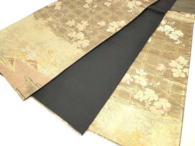 平和屋着物◎六通柄袋帯　葡萄蔦の葉文　黒地　金銀糸　正絹　逸品　DAAV2328xg