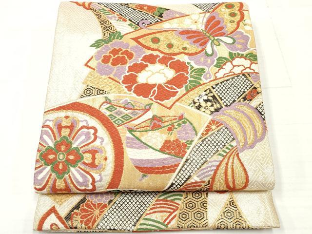 平和屋着物◎佐賀錦 六通柄袋帯 唐織 地紙花蝶文 金糸 正絹 逸品 DAAV2348xg