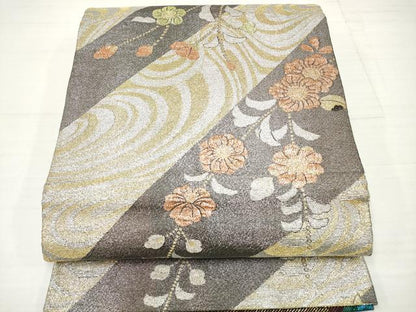 平和屋着物◎両面 六通柄袋帯 流水花文 黒地 金銀糸 正絹 逸品 DAAV2350xg