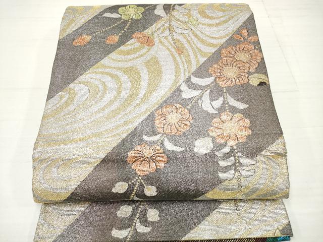 平和屋着物◎両面 六通柄袋帯 流水花文 黒地 金銀糸 正絹 逸品 DAAV2350xg
