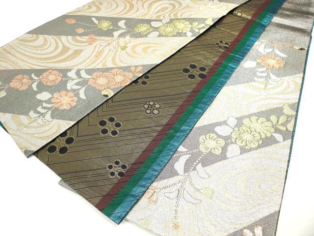 平和屋着物◎両面 六通柄袋帯 流水花文 黒地 金銀糸 正絹 逸品 DAAV2350xg