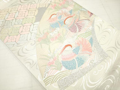 平和屋着物◎六通柄袋帯　唐織　鴛鴦七宝花文　銀糸　正絹　逸品　DAAV2354xg