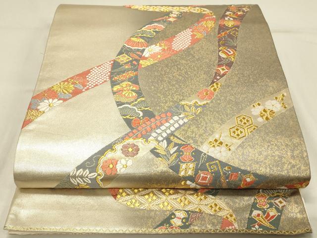 平和屋着物◎六通柄袋帯　唐織　誰ヶ袖延寿文　金糸　引箔　正絹　逸品　DAAV2604qp