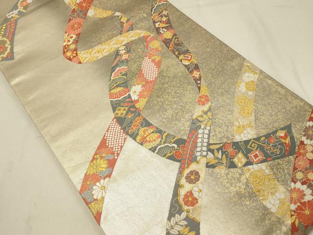 平和屋着物◎六通柄袋帯　唐織　誰ヶ袖延寿文　金糸　引箔　正絹　逸品　DAAV2604qp