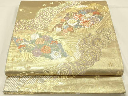 平和屋着物◎六通柄袋帯　唐織　道長桧扇散し　金糸　正絹　逸品　DAAV2643qp