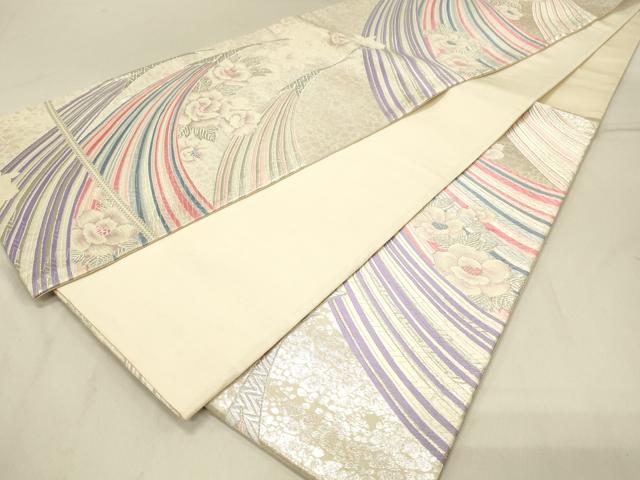 平和屋着物◎六通柄袋帯　唐織　孔雀花文　銀糸　正絹　逸品　DAAV2824qp