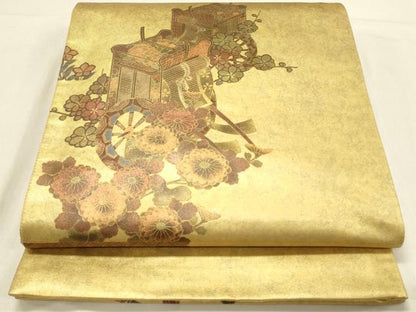 平和屋着物◎六通柄袋帯 御所車花文 金彩 正絹 逸品 DAAV2843qp