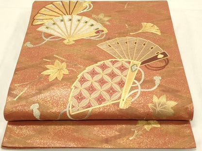 平和屋着物◎太鼓柄袋帯 駒刺繍 檜扇花文 金彩 正絹 逸品 DAAV2868qp