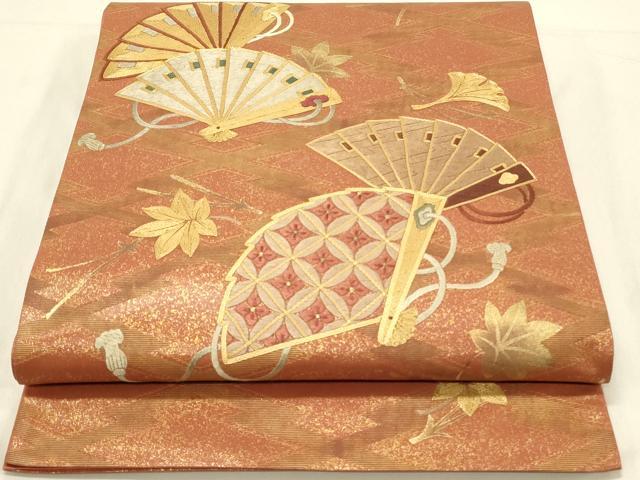 平和屋着物◎太鼓柄袋帯 駒刺繍 檜扇花文 金彩 正絹 逸品 DAAV2868qp