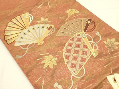 平和屋着物◎太鼓柄袋帯 駒刺繍 檜扇花文 金彩 正絹 逸品 DAAV2868qp