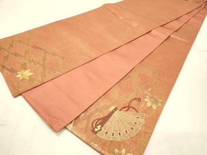 平和屋着物◎太鼓柄袋帯 駒刺繍 檜扇花文 金彩 正絹 逸品 DAAV2868qp