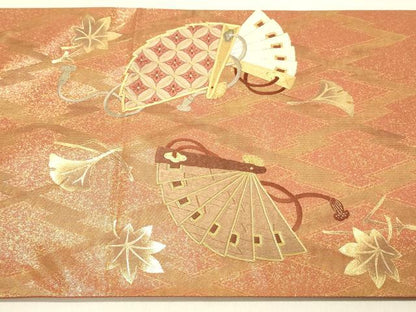 平和屋着物◎太鼓柄袋帯 駒刺繍 檜扇花文 金彩 正絹 逸品 DAAV2868qp