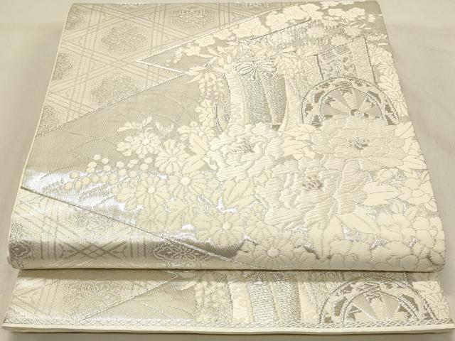 平和屋着物◎六通柄袋帯 唐織 美保姿 御所車花文 銀糸 正絹 逸品 DAAV2871qp