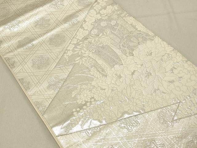 平和屋着物◎六通柄袋帯 唐織 美保姿 御所車花文 銀糸 正絹 逸品 DAAV2871qp
