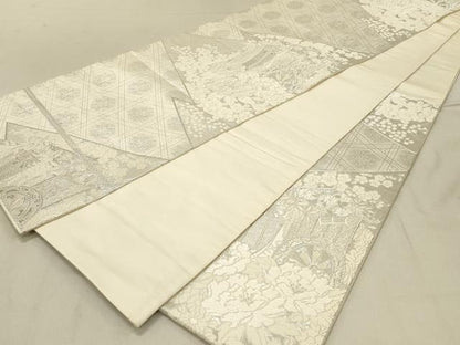 平和屋着物◎六通柄袋帯 唐織 美保姿 御所車花文 銀糸 正絹 逸品 DAAV2871qp