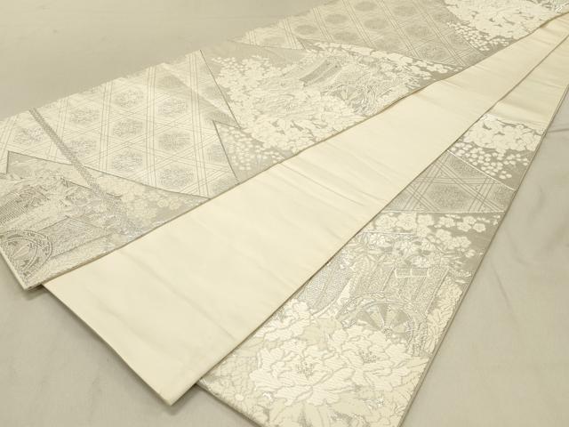 平和屋着物◎六通柄袋帯 唐織 美保姿 御所車花文 銀糸 正絹 逸品 DAAV2871qp